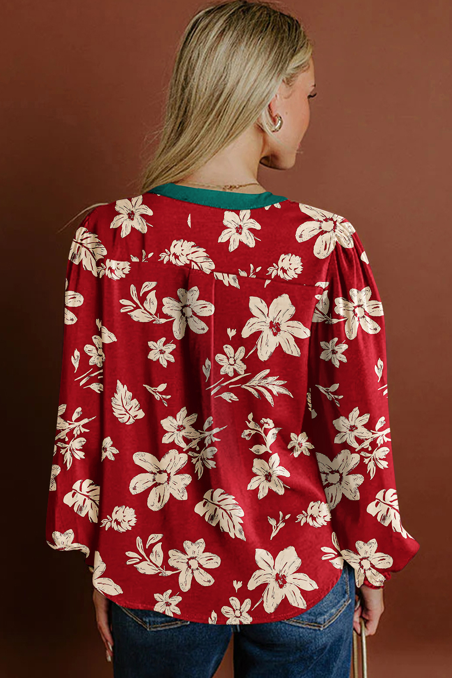 Red Contrast Tied Neck Shirred Puff Sleeve Flower Blouse - loveforevers