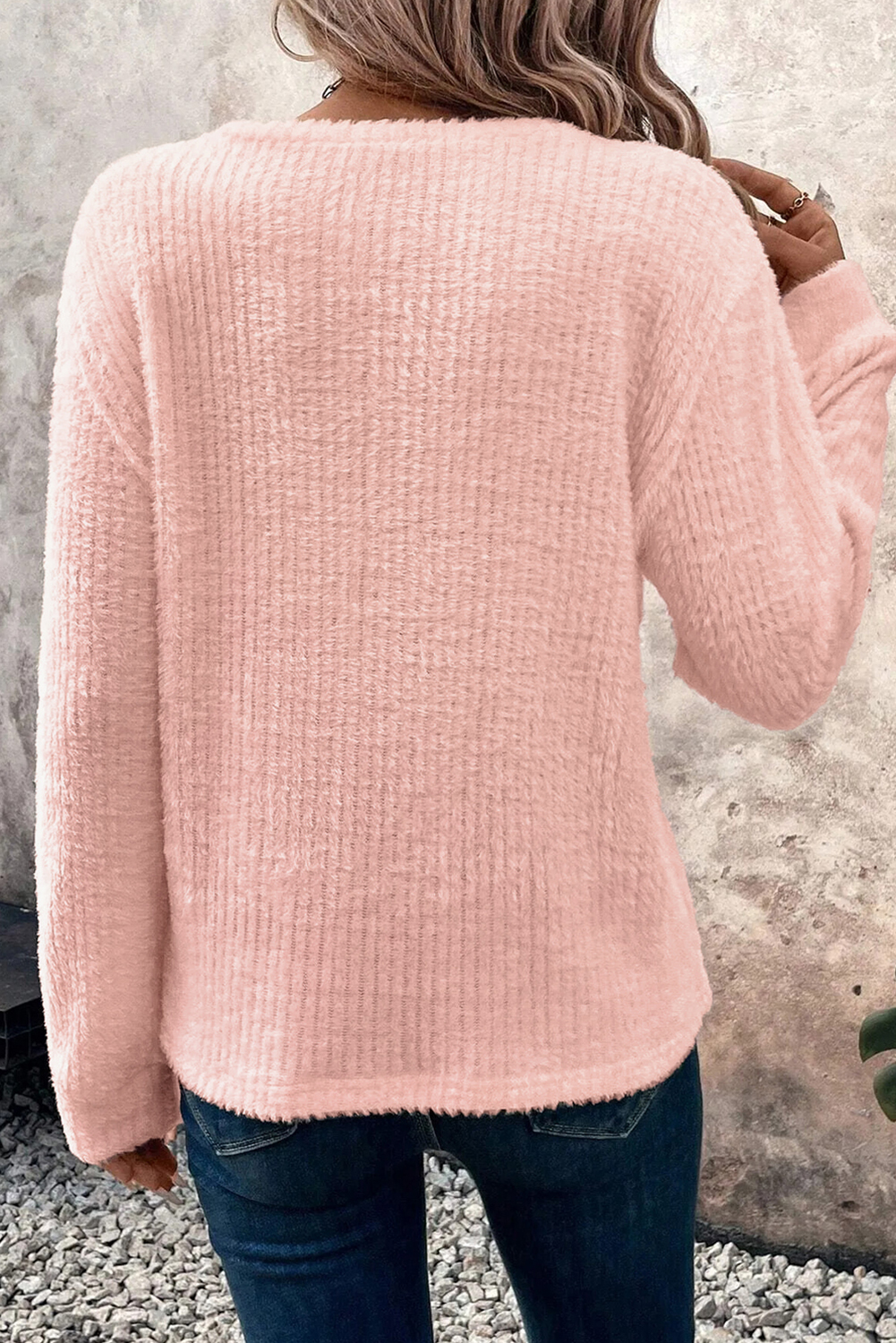 Light Pink Fuzzy Ribbed Texture Round Neck Long Sleeve Top - loveforevers