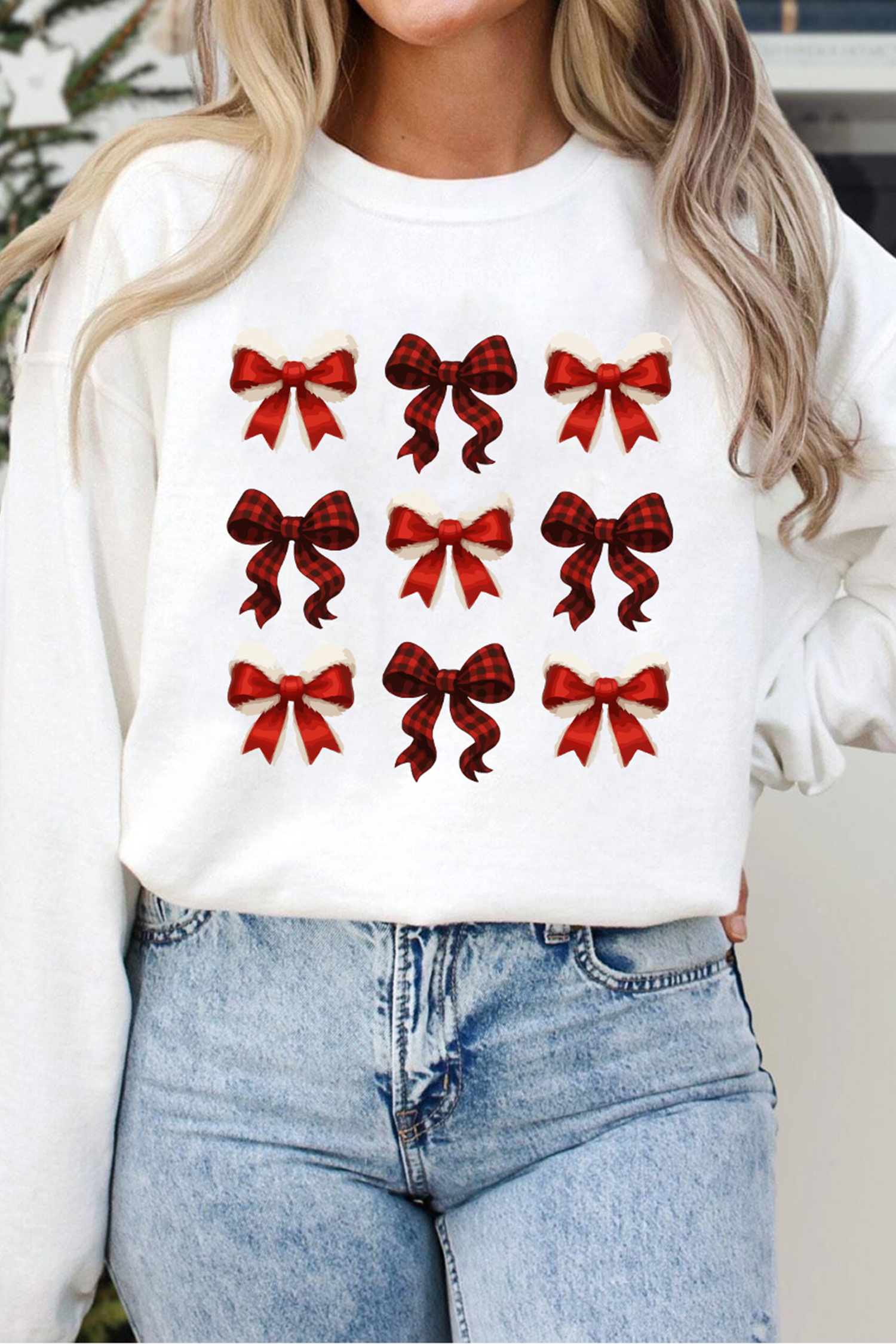 White Festive Bow Graphic Christmas Holiday Classic Sweatshirt - loveforevers