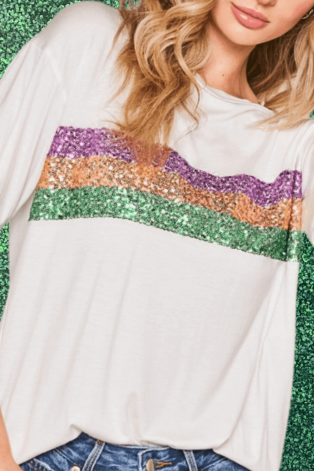 White Sequin Stripes Patchwork Mardi Gras Crew Neck T Shirt - loveforevers