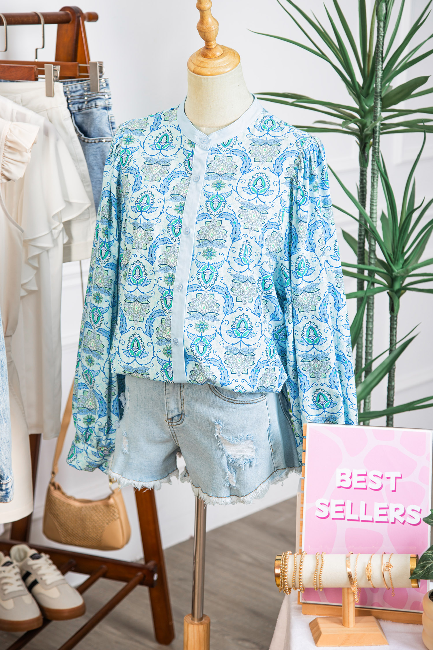 Sky Blue Paisley Print Puff Sleeve Loose Shirt - loveforevers
