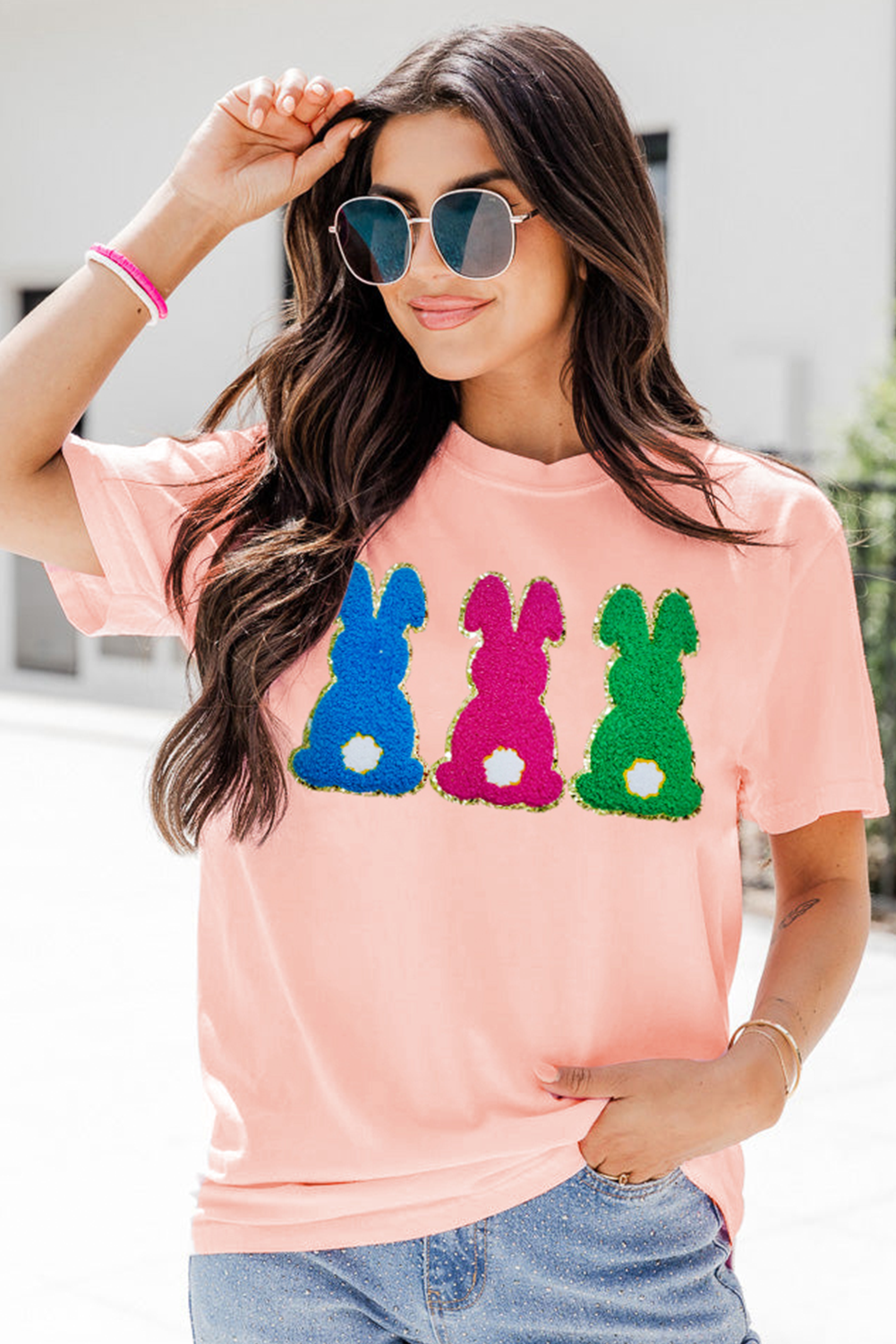Pink Easter Bunny Chenille Patched Graphic Tee - loveforevers