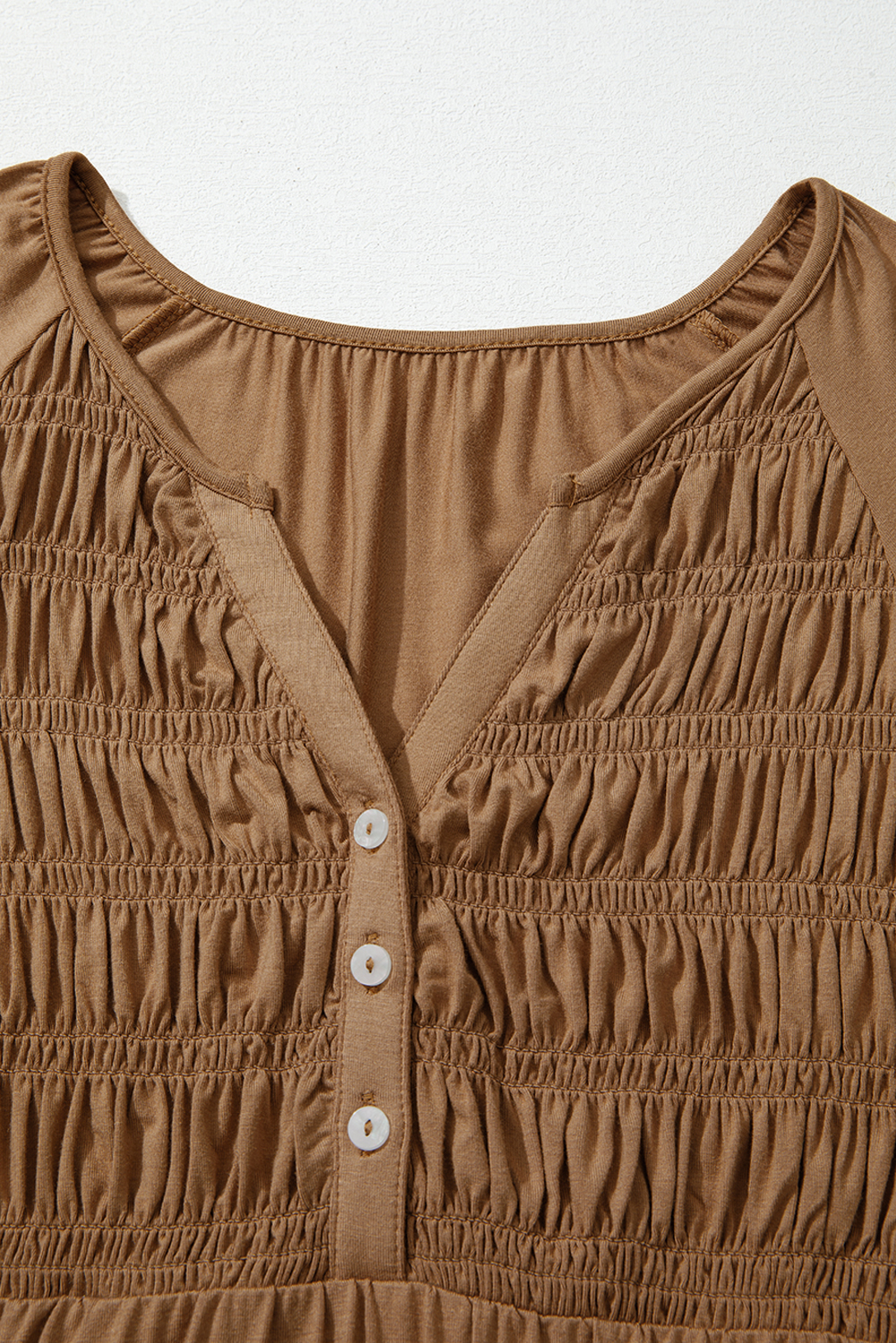 Black Smocked Bust Buttoned Split V Neck Flow Fit Blouse - loveforevers