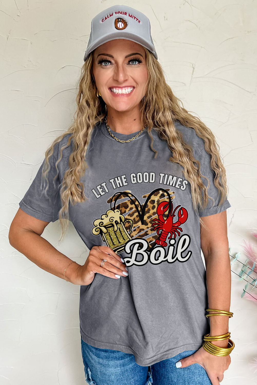 Gray Let The Good Times Boil Crawfish Leopard Heart Graphic Tee - loveforevers