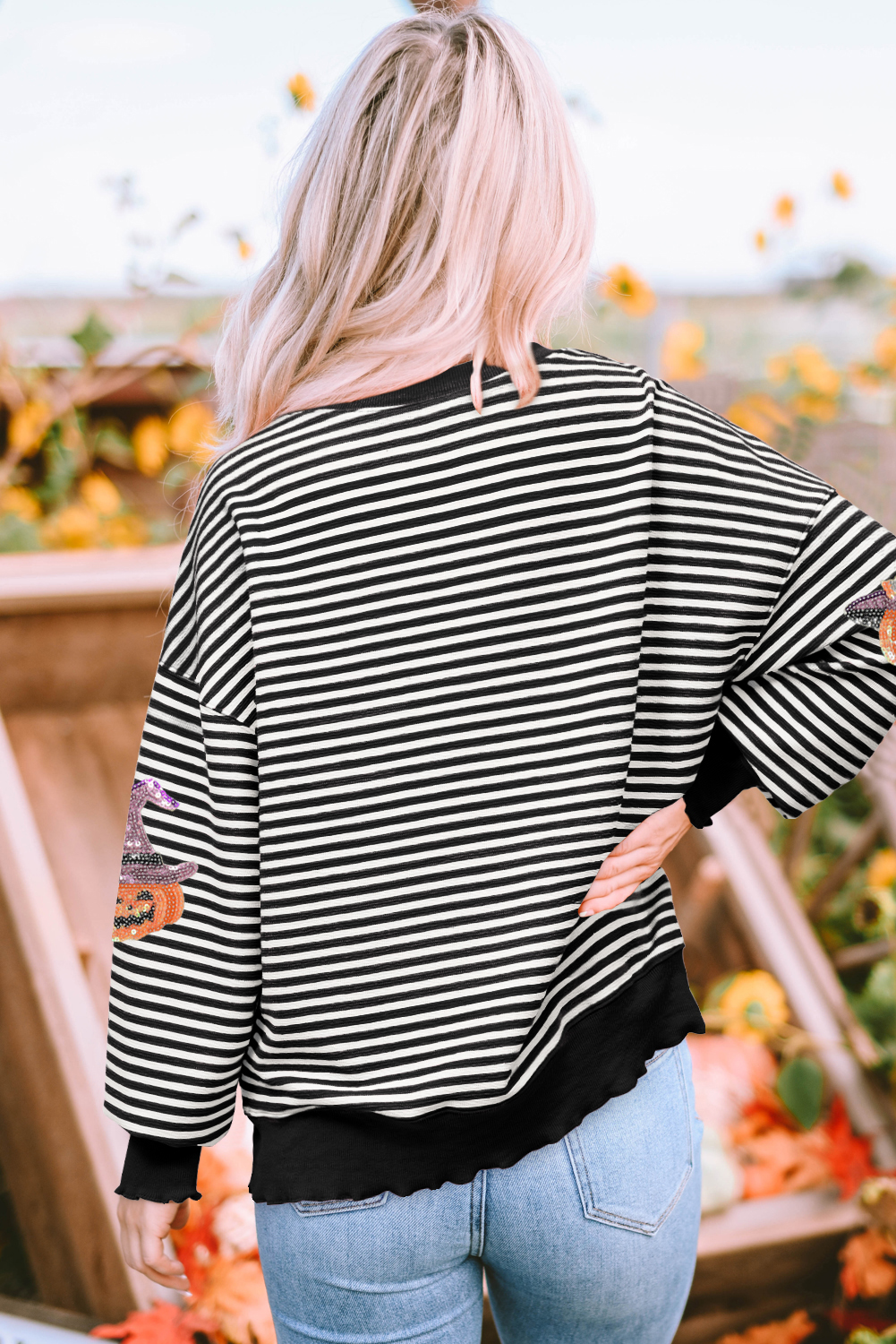 Black Stripe Halloween Pumpkin Shimmer Pattern Casual Top - loveforevers