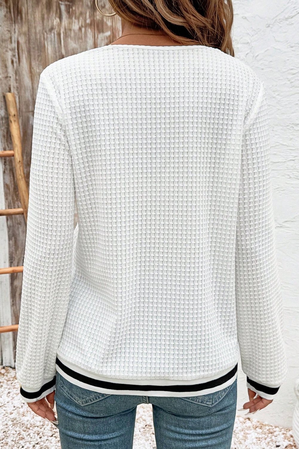 White Textured Knit Preppy Striped Trim V Neck Pullover Waffle Top - loveforevers