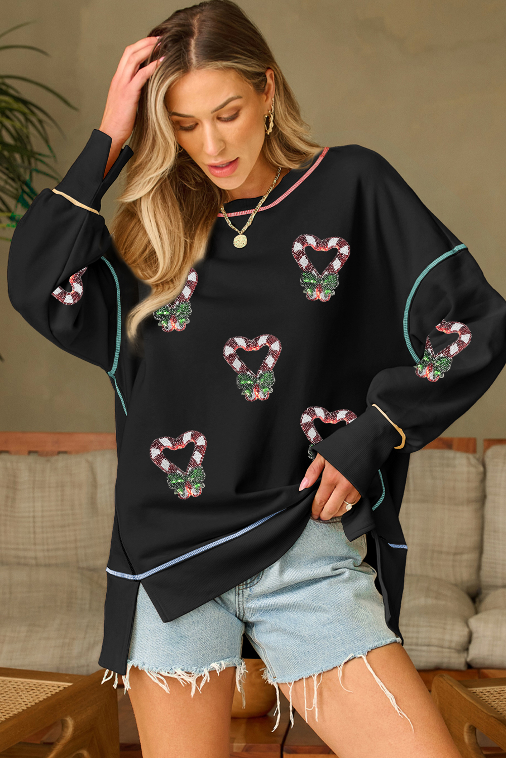 Black Christmas Candy Cane Heart Sequin Patch Graphic Contrast Seam Baggy Sweatshirt - loveforevers