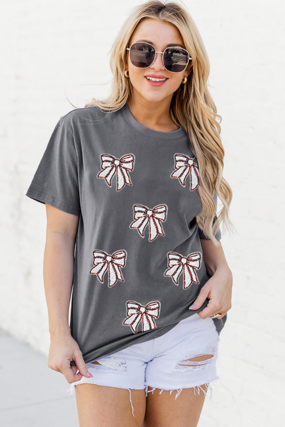 Gray Sequin Bow Baseball Fashion Graphic Tee - loveforevers