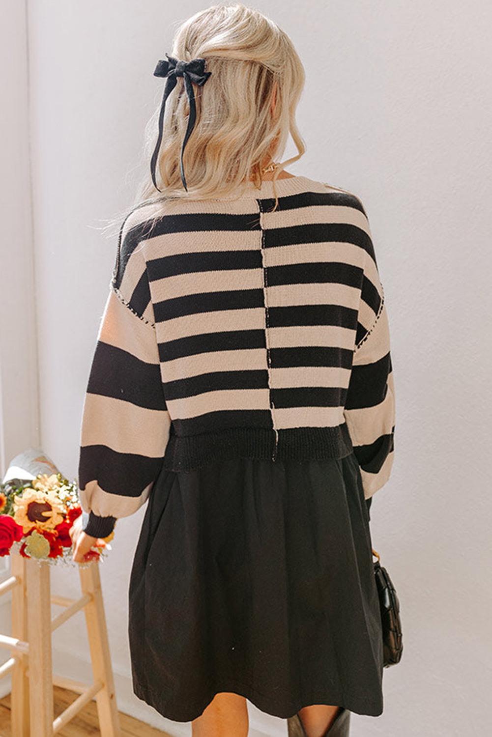 Black Stripe Two in One Knitted Top High Waist Splicing Hem Sweater Dress - loveforevers