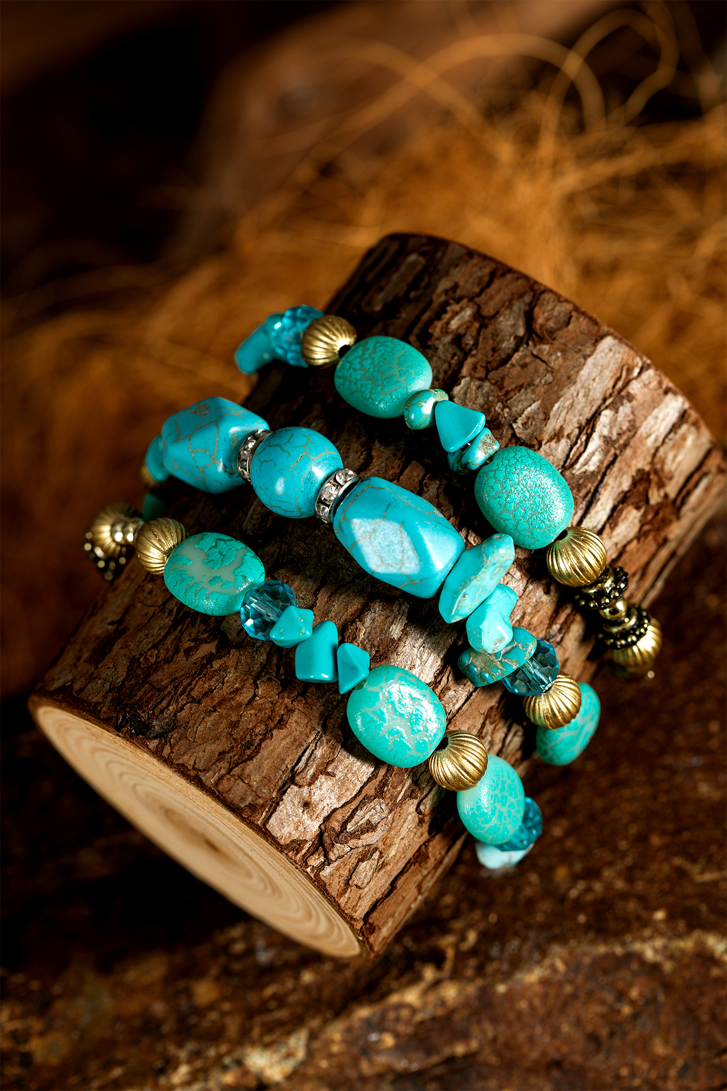 Turquoise Bohemian Style Crystal Stone Plated Bead Multi-Layer Winding Bracelet - loveforevers
