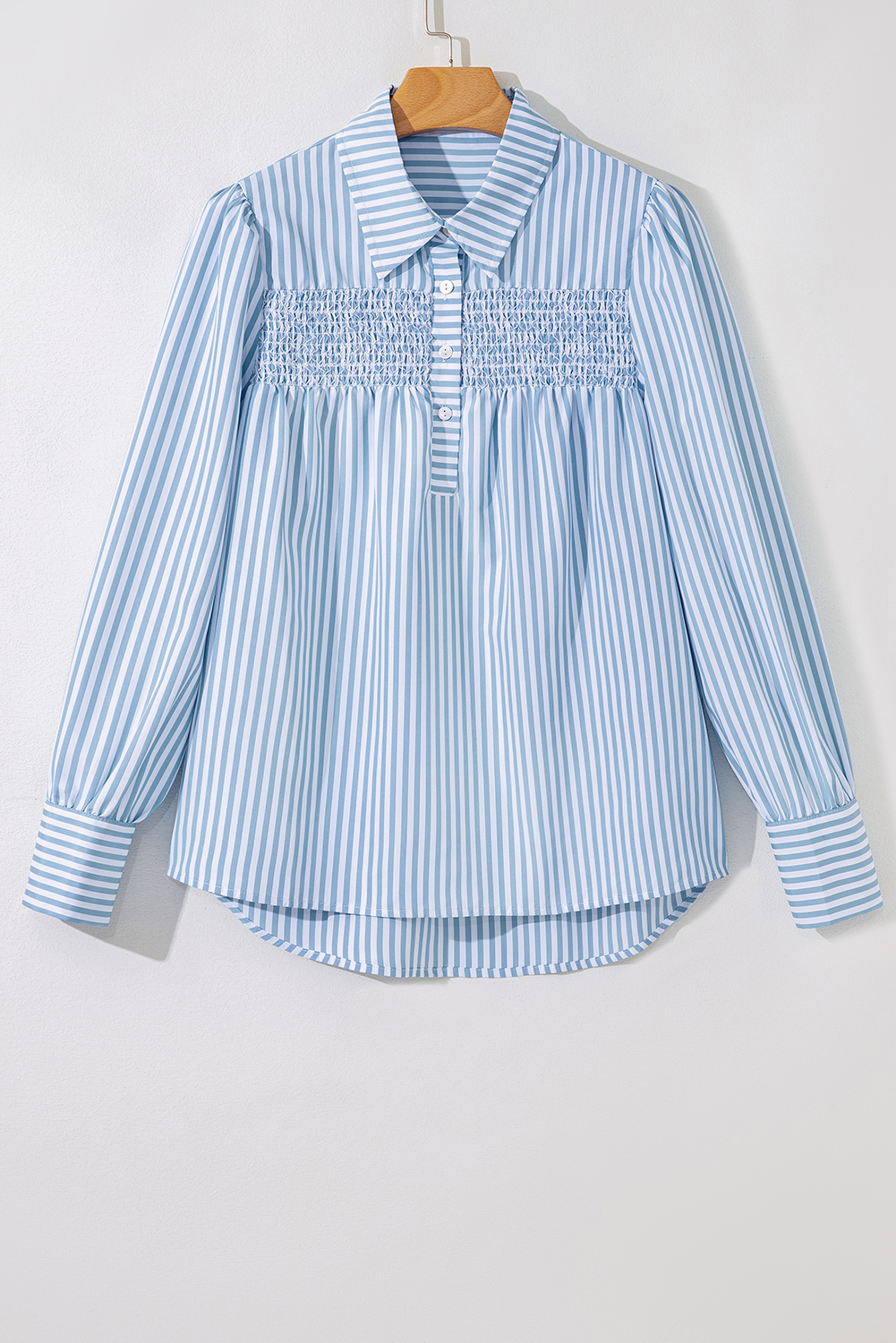 Sky Blue Stripe Shirred Detail Half Placket Collared Long Sleeve Fall Shirt - loveforevers