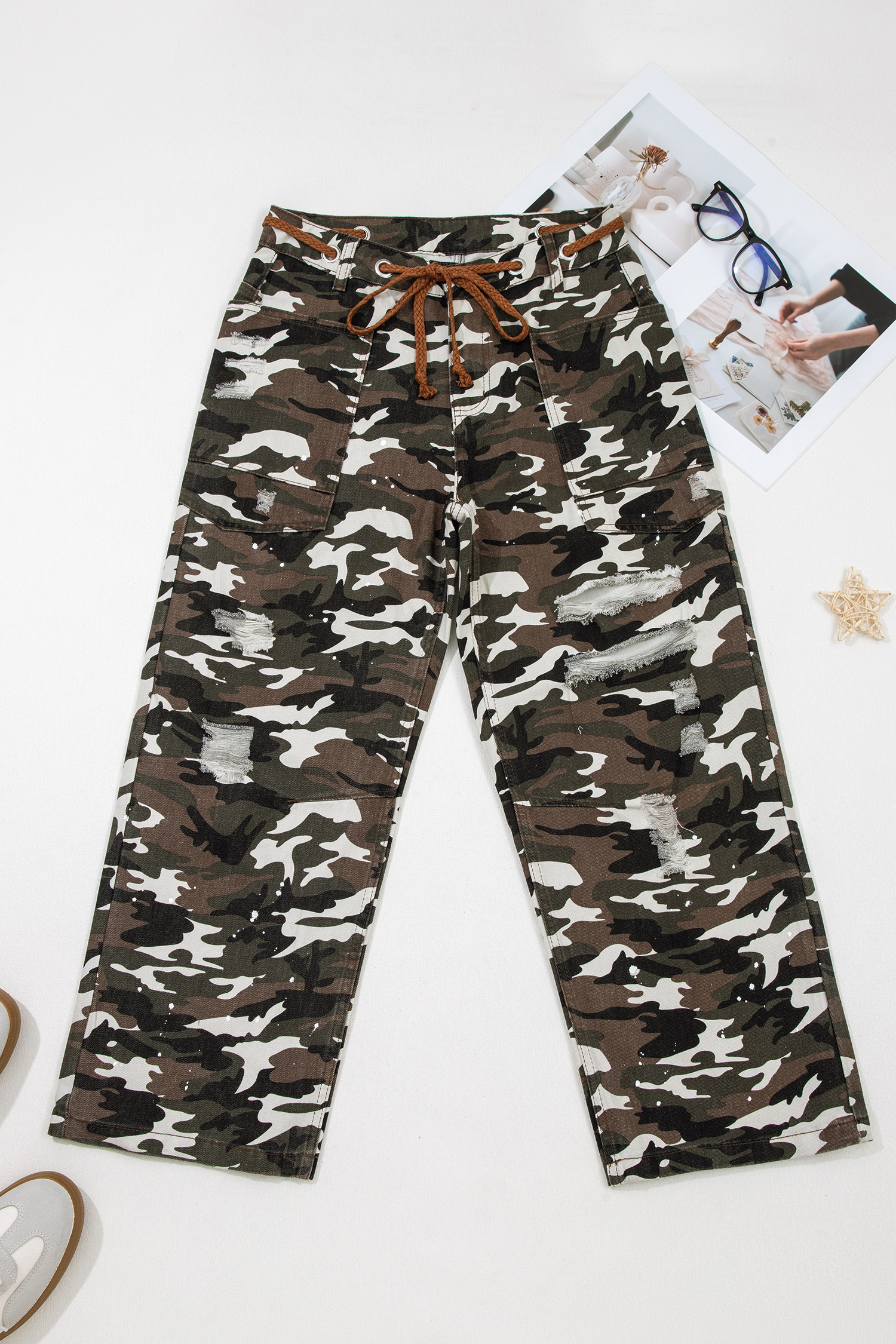 Green Camouflage Print Splashed Distressed Loose Denim Pants - loveforevers