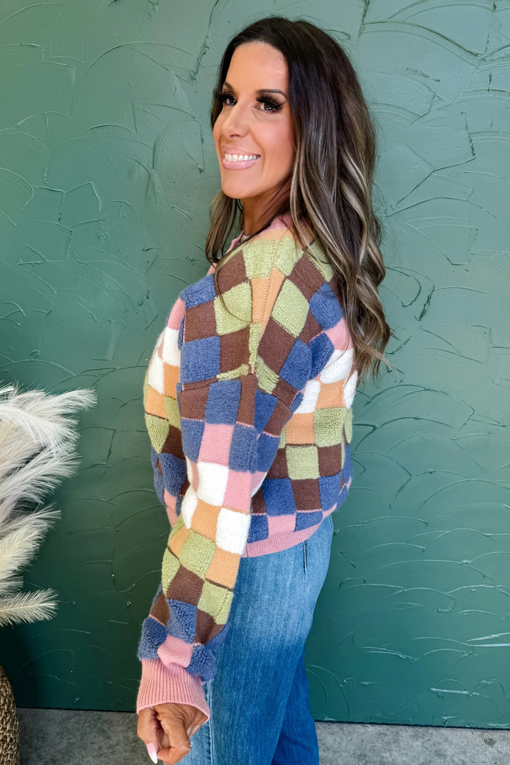 Multicolour Plush Checkered Pattern Button Front Cardigan Sweater - loveforevers
