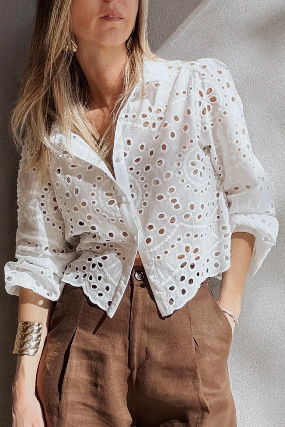 White Eyelet Embroidered Puff Sleeve Crop Shirt - loveforevers