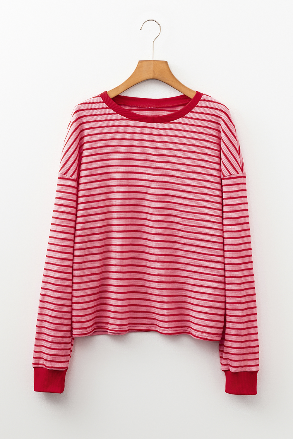Pink Stripe Textured Round Neck Drop Shoulder Long Sleeve T Shirt - loveforevers