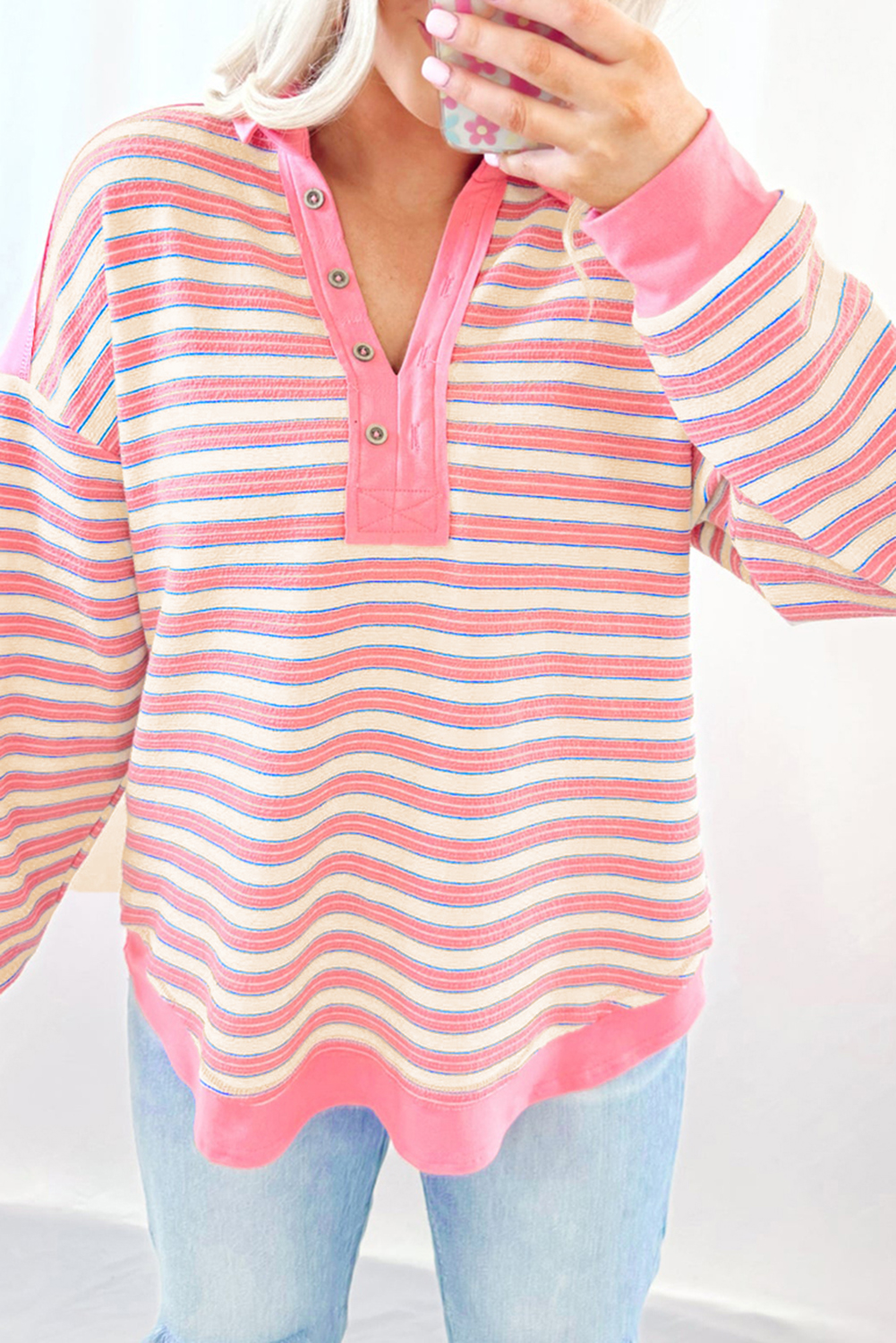 Red Stripe Buttoned V Neck Collared Drop Shoulder Top - loveforevers