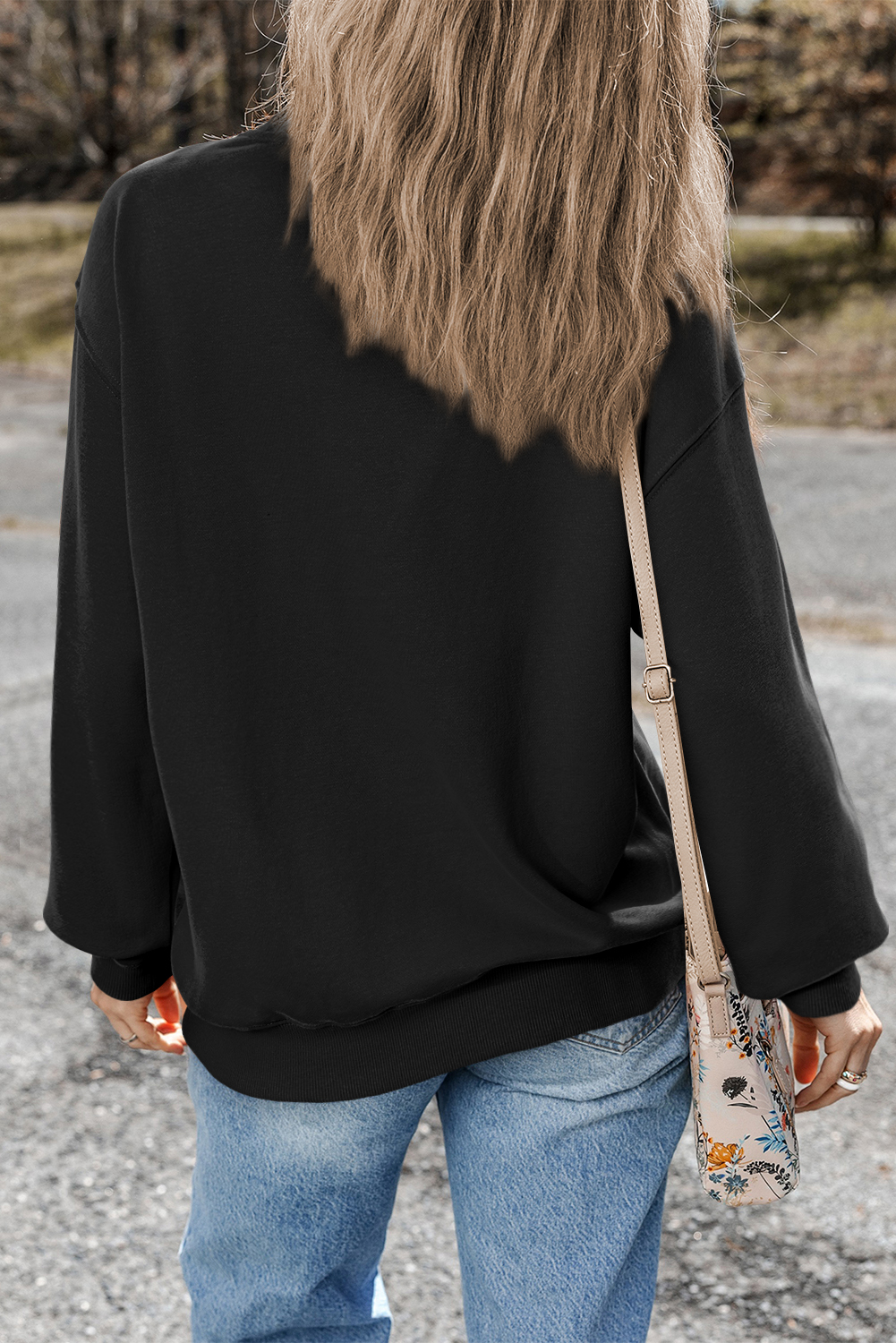 Navy Blue Plain Drop Shoulder Crewneck Pullover Sweatshirt - loveforevers