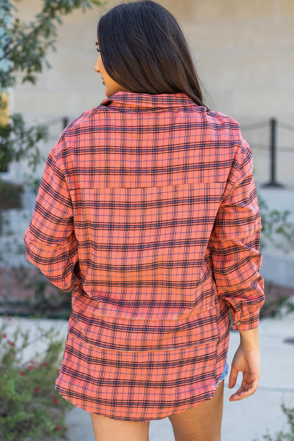 Red Plaid Long Sleeeve Side Split Distressed Hem Shirt - loveforevers