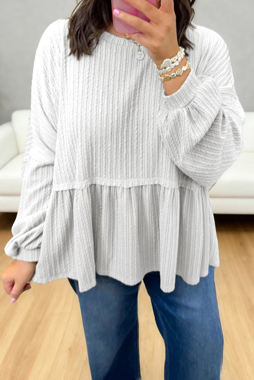 White Solid Color Textured Drop Shoulder Long Sleeve Peplum Top - loveforevers