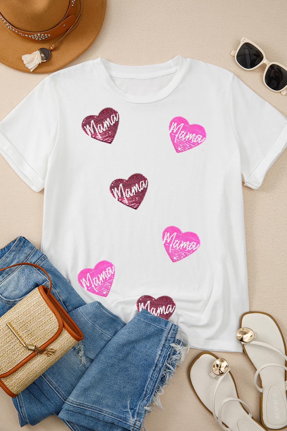 White mama Heart Shape Sequin Patched Crew Neck T Shirt - loveforevers