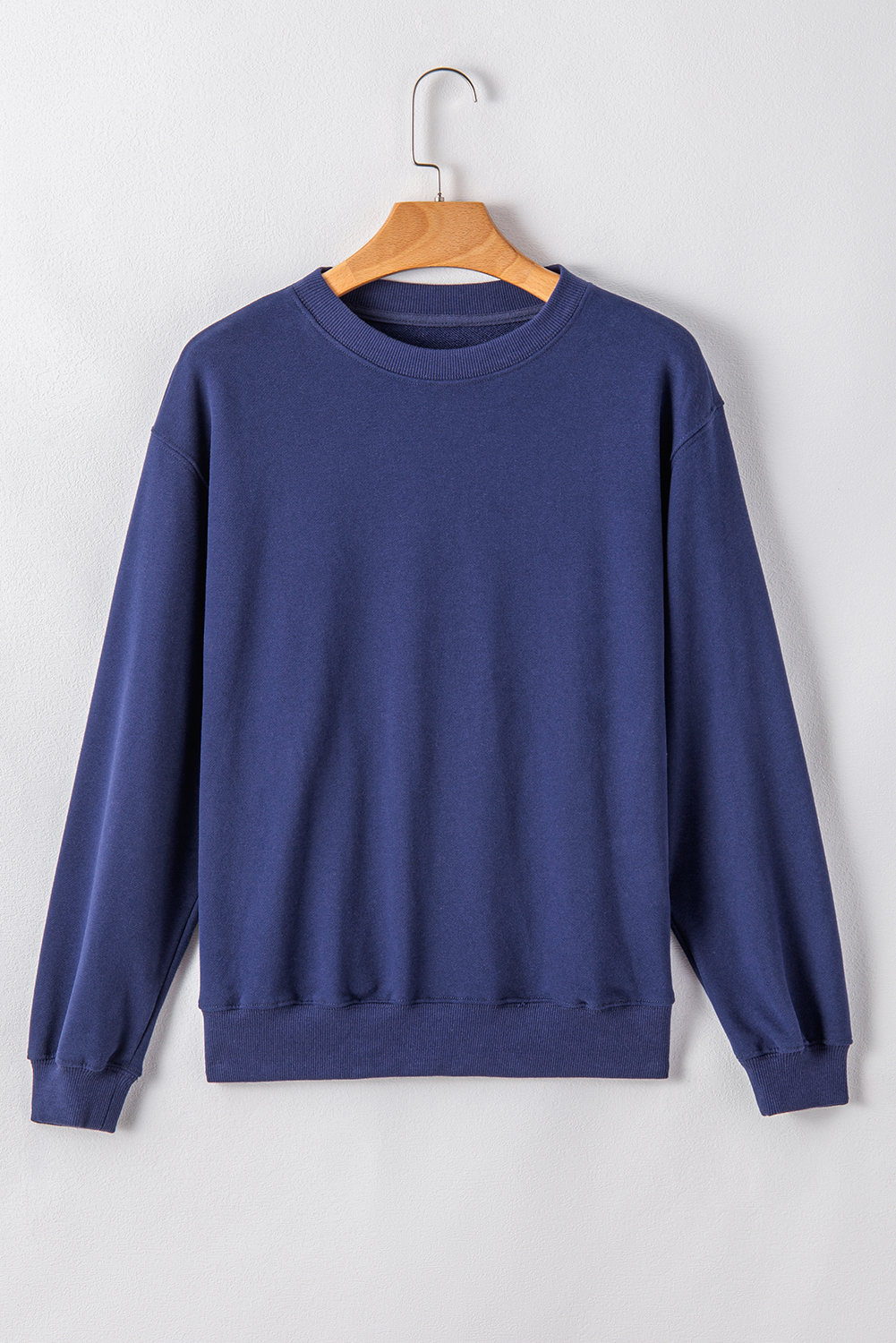Navy Blue Plain Drop Shoulder Crewneck Pullover Sweatshirt - loveforevers
