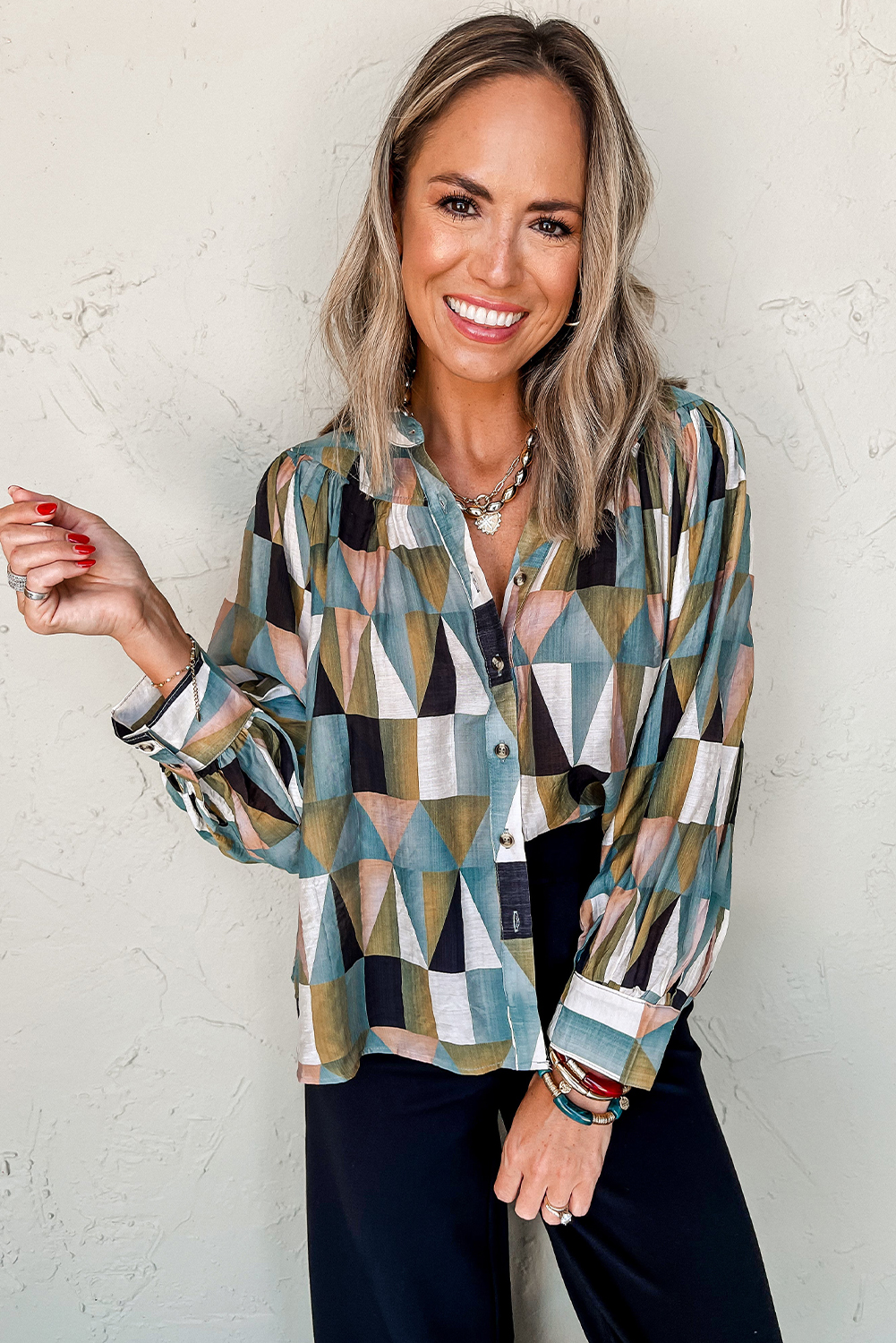 Green Geometric Print Buttoned Balloon Sleeve Loose Fit Shirt - loveforevers