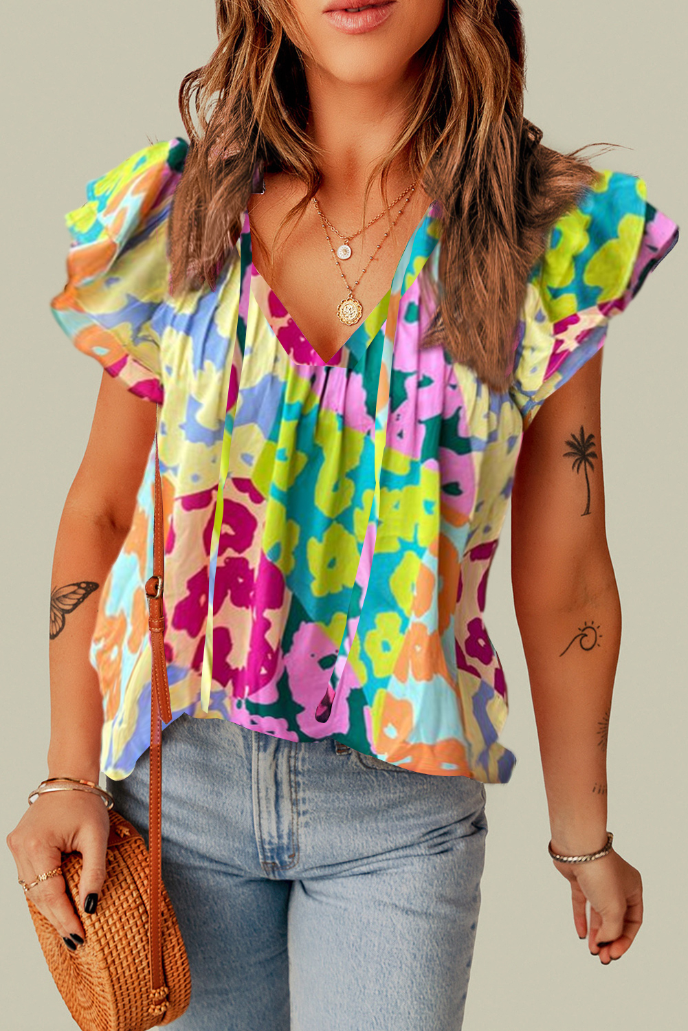 Multicolour Leopard Flutter Sleeve V Neck Crinkled Blouse - loveforevers