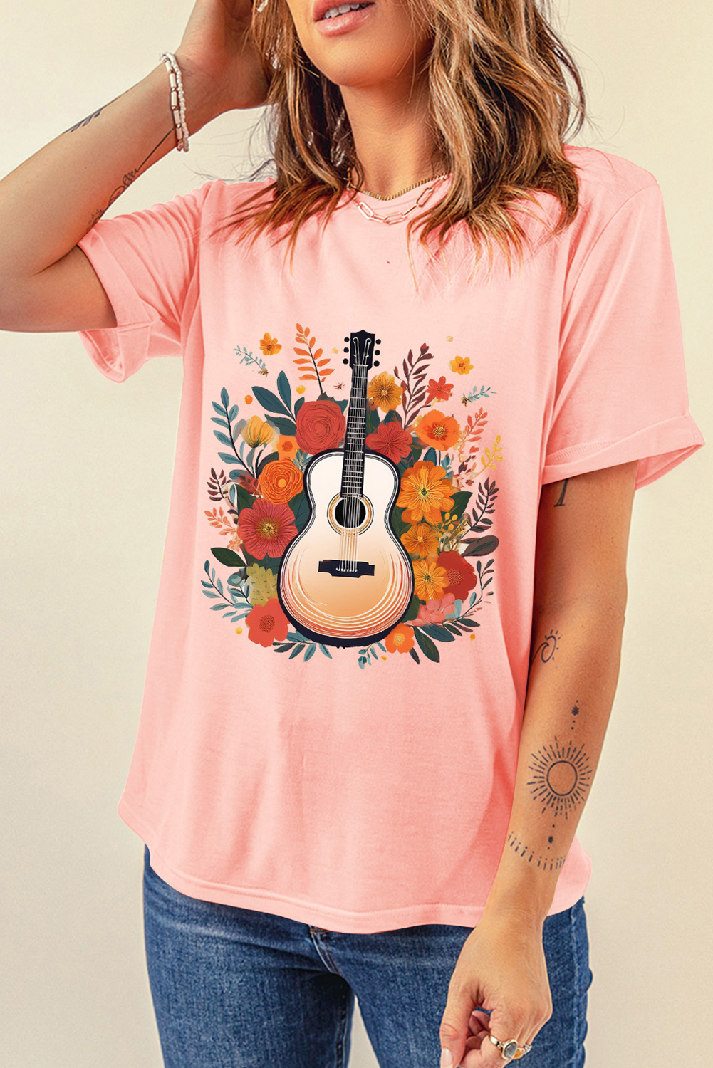 Pink Guitar Flower Print Crew Neck Loose T Shirt - loveforevers