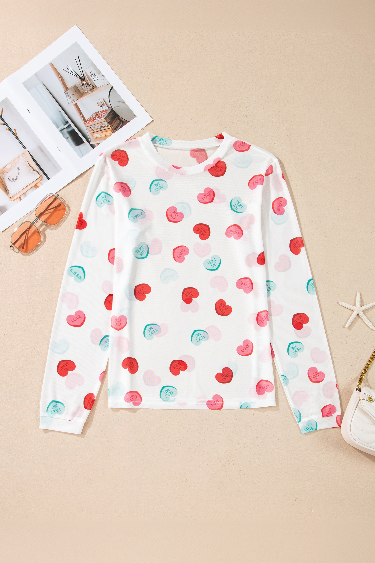 White Sheer Mesh Valentines Slogan Heart Printed Long Sleeve Top - loveforevers