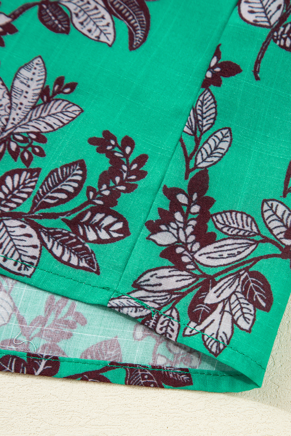 Green Leaves Print Contrast Trim V Neck Shirred Puff Sleeve Blouse - loveforevers
