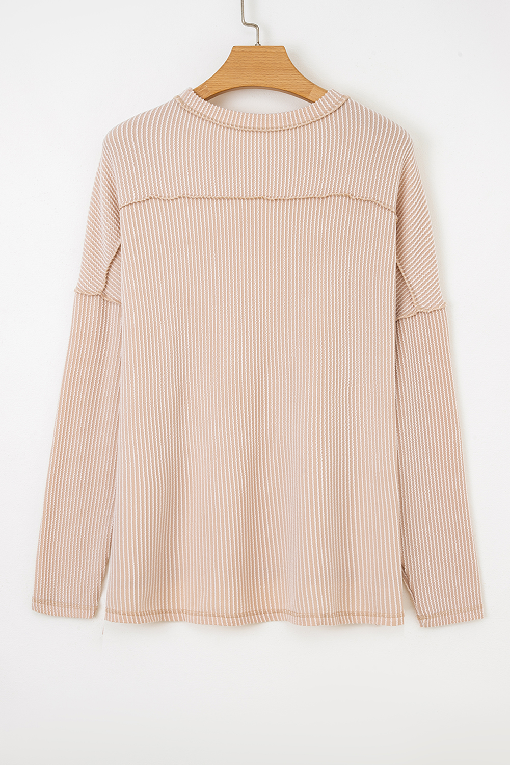 Parchment Sequin Christmas Tree Exposed Seam Drop Shoulder Ribbed Long Sleeve Top - loveforevers
