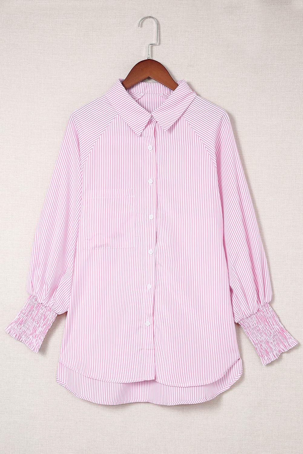 Red Stripe Smocked Cuffed Striped Boyfriend Shirt with Pocket - loveforevers
