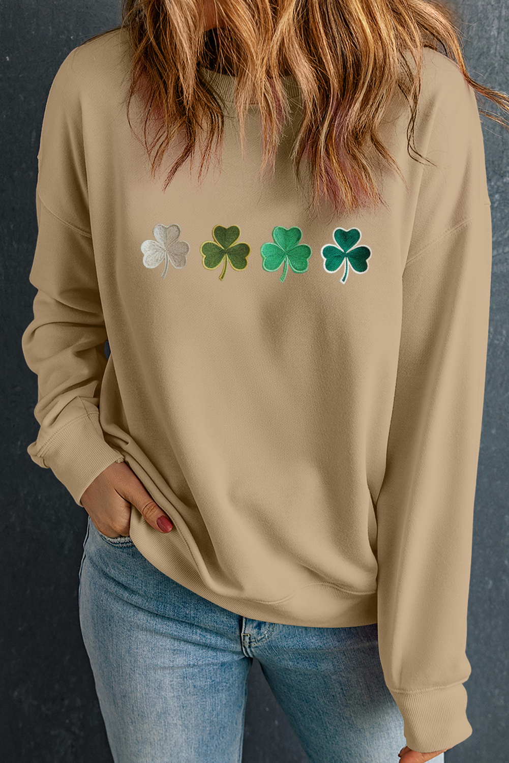 Khaki Embroidered Clover Pattern St Patrick Pullover Sweatshirt - loveforevers