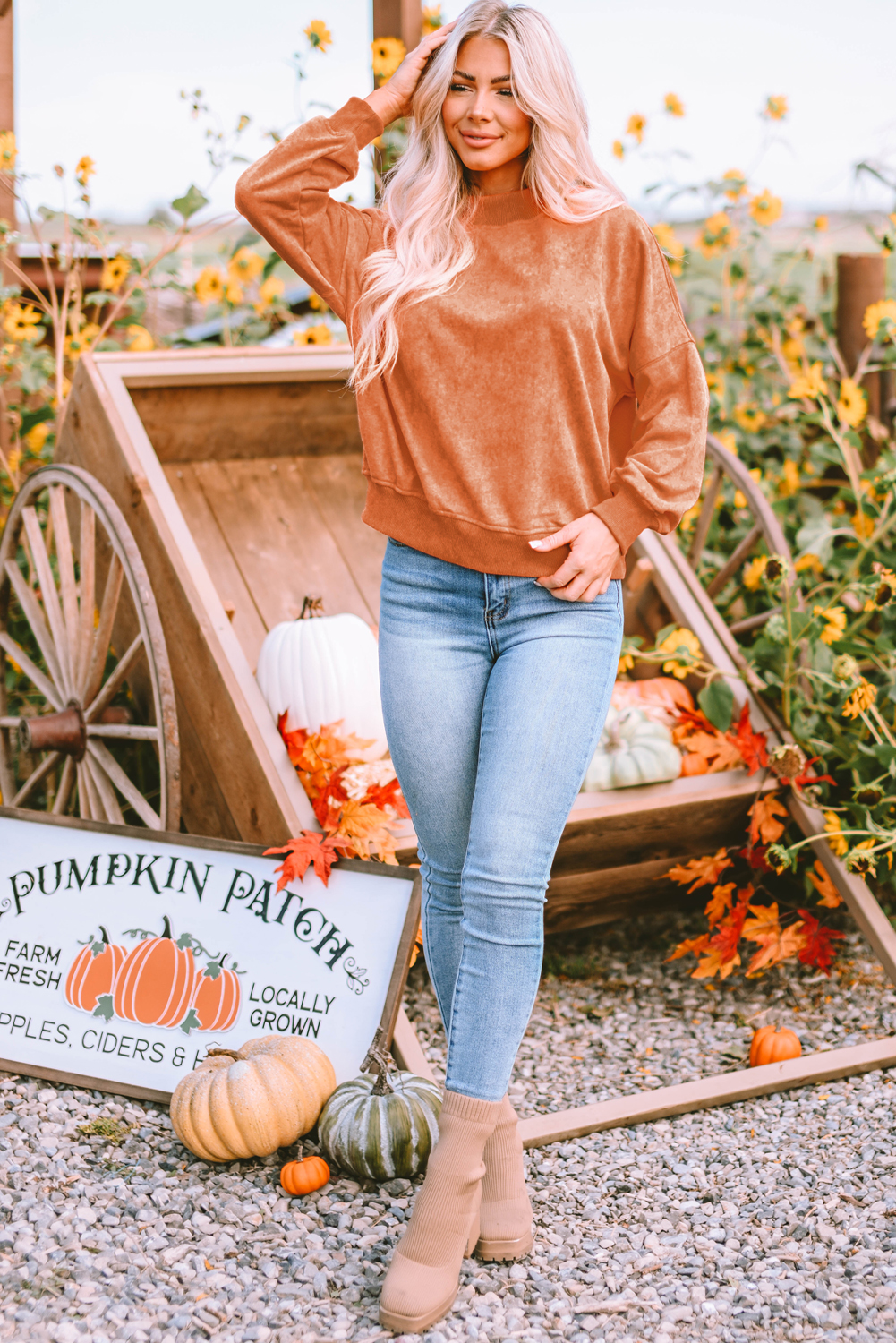Brown Drop Shoulder Crew Neck Pullover Sweatshirt - loveforevers