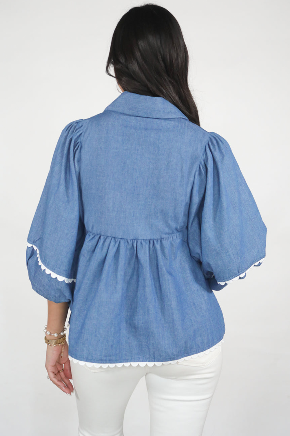 Dusk Blue Lace Ric Rac 3/4 Puff Sleeve Collared Babydoll Blouse - loveforevers