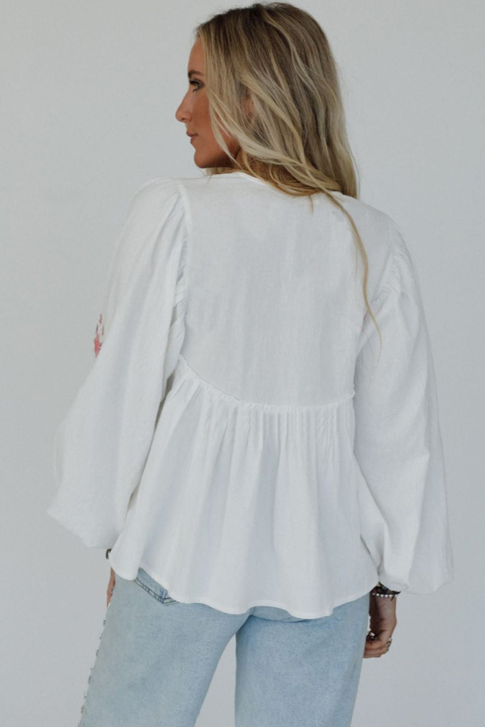 White Flower Print Lace-up V Neck Babydoll Blouse - loveforevers