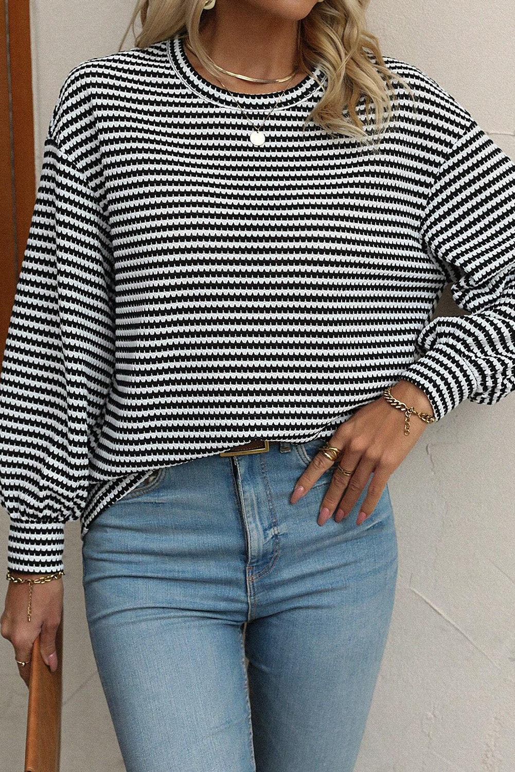 Black Stripe Round Neck Drop Shoulder Long Sleeve Top - loveforevers
