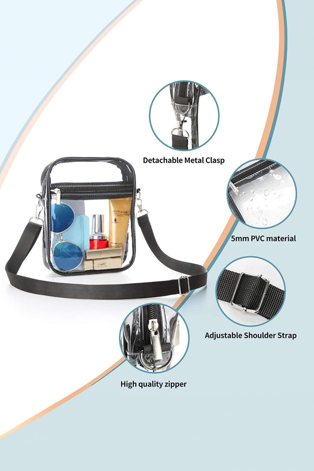 Black Transparent PVC Zipper Crossbody Bag - loveforevers