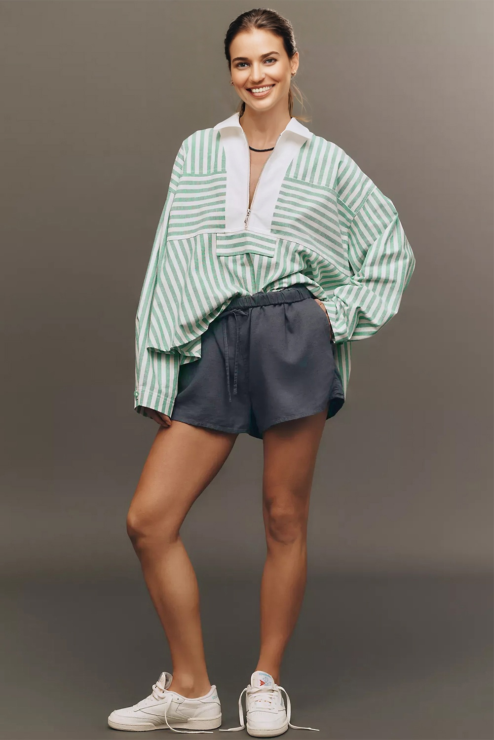 Green Stripe Half Zip Long Sleeve Swing Top - loveforevers