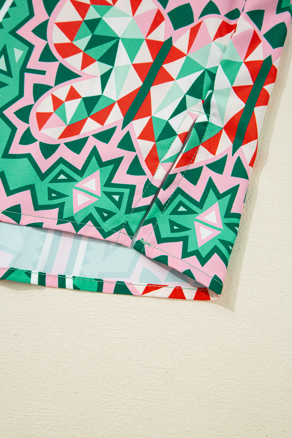 Sea Green Boho Abstract Print Contrast Striped Collared V Neck Blouse - loveforevers