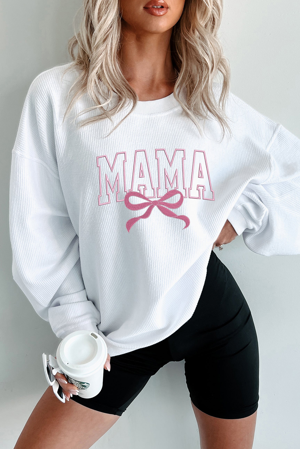 White MAMA Bowknot Embroidered Ribbed Pullover Sweatshirt - loveforevers