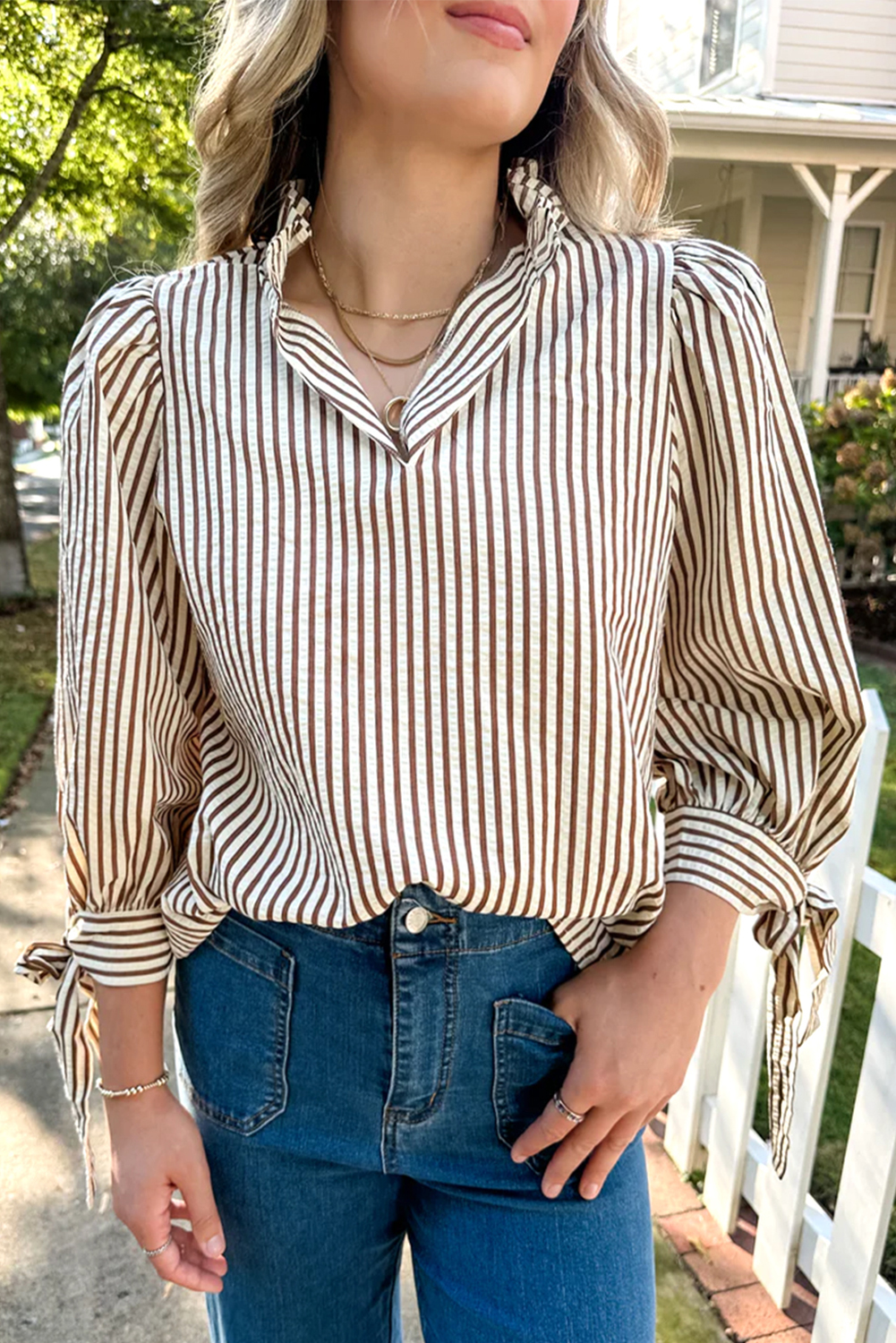 Straw Yellow Striped Print Tied Cuffs Split Neck Seersucker Blouse - loveforevers