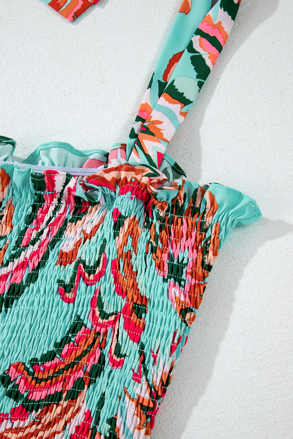 Green Abstract Print Smocked Bodice Knotted Straps Ruffled Maxi Dress - loveforevers