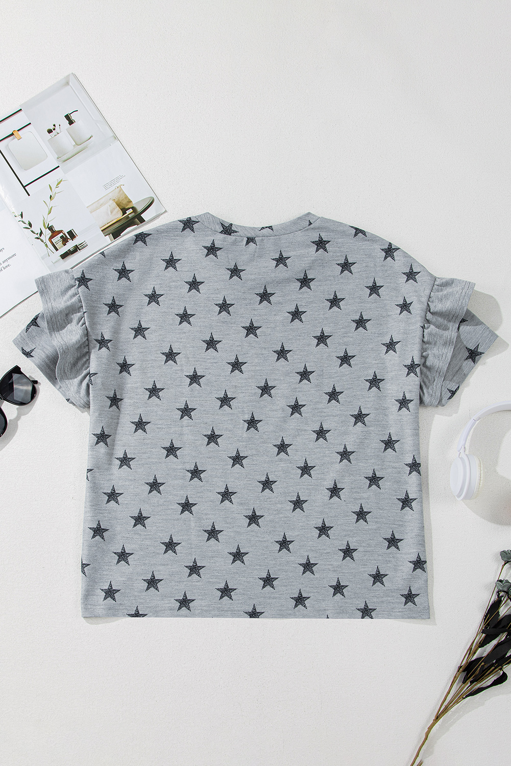 Gray USA Letter Patched Star Printed Ruffle Trim Sleeves Loose Tee - loveforevers