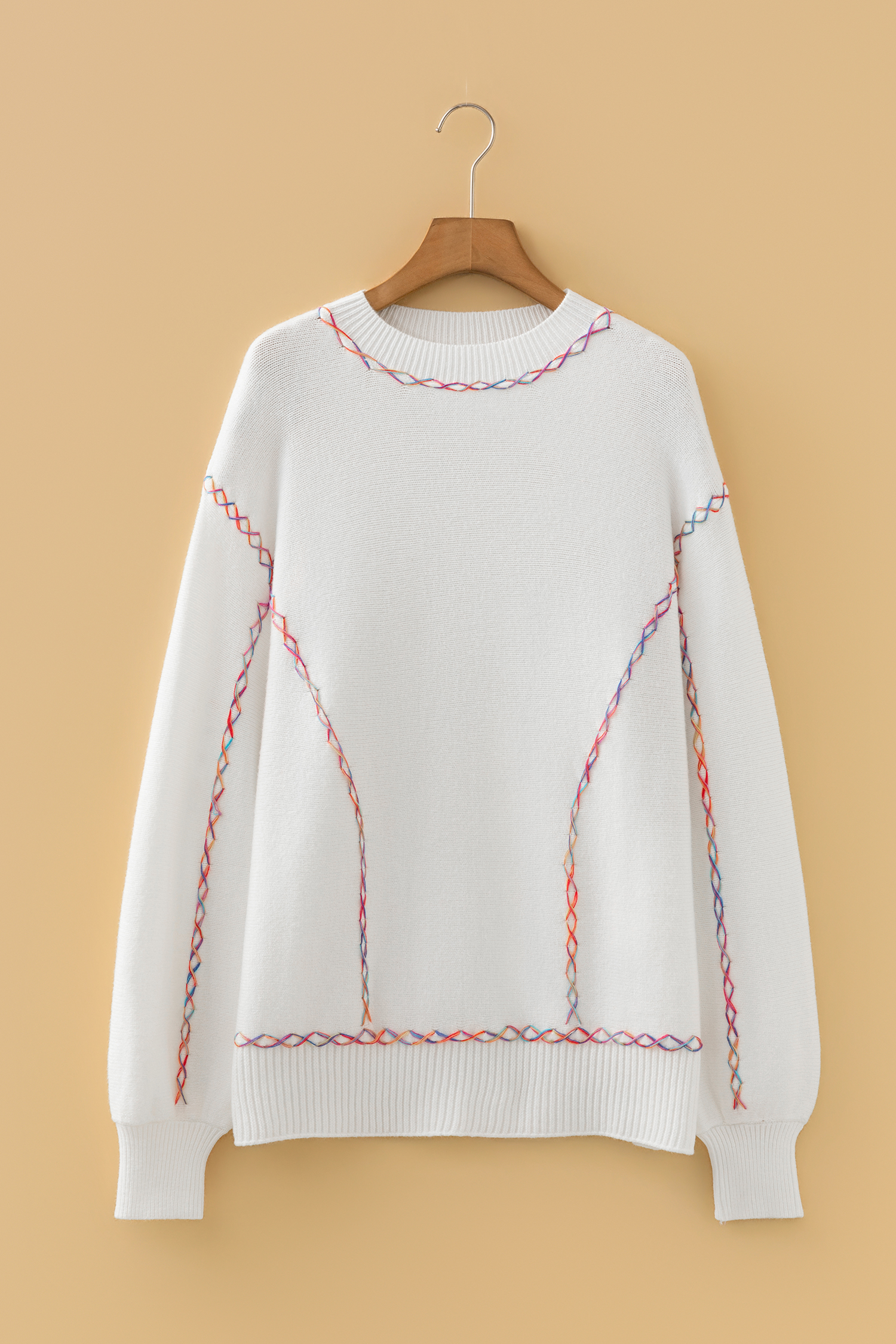 White Rainbow Stitching Balloon Sleeve Relaxed Sweater - loveforevers