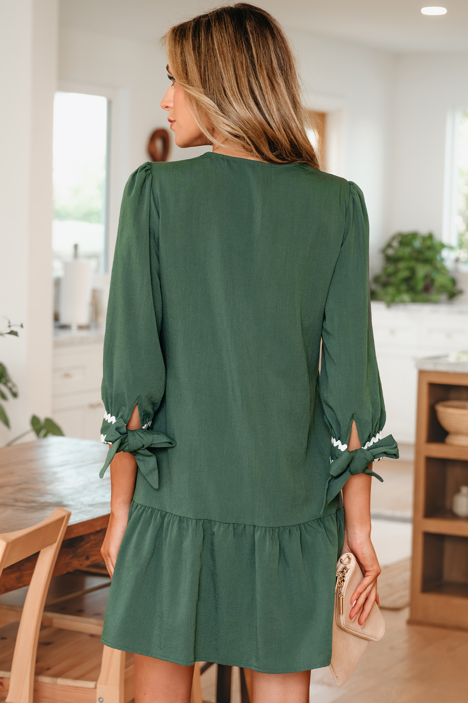 Canton Contrast Ricrac Trim Button V Neck Knotted Bracelet Sleeve Shift Dress - loveforevers