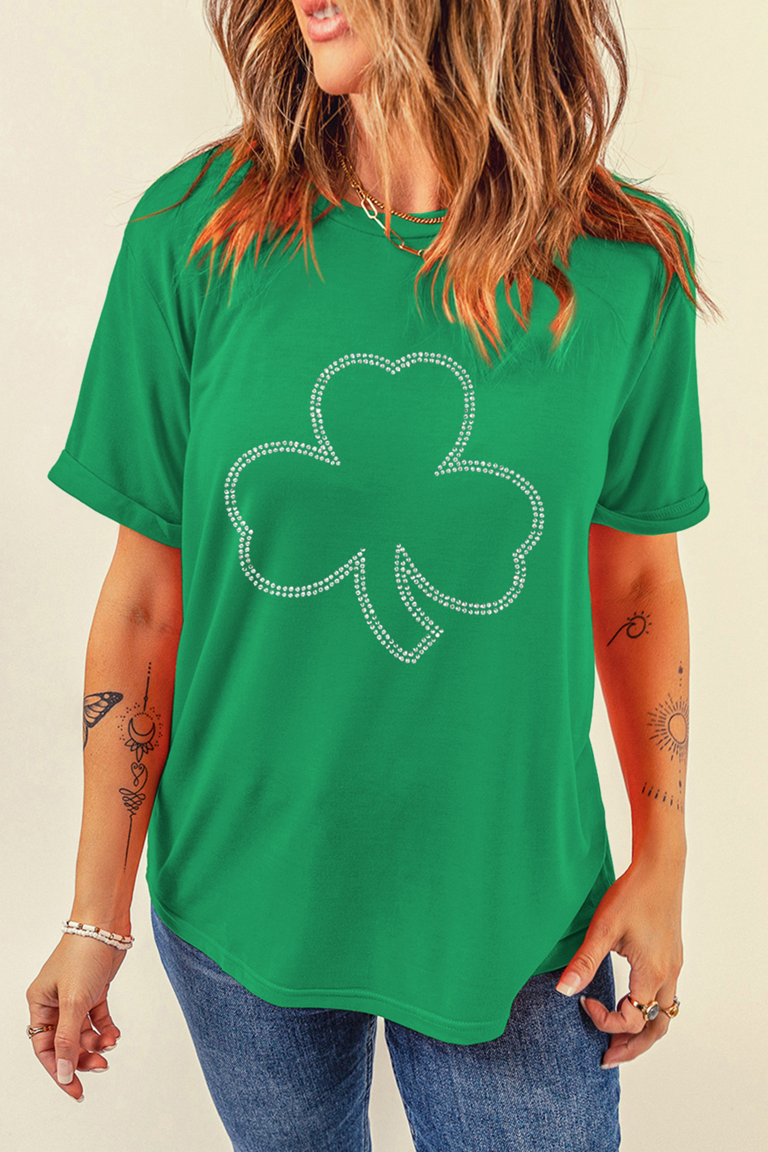 Bright Green Rhinestone Clover St Patricks Day T Shirt - loveforevers