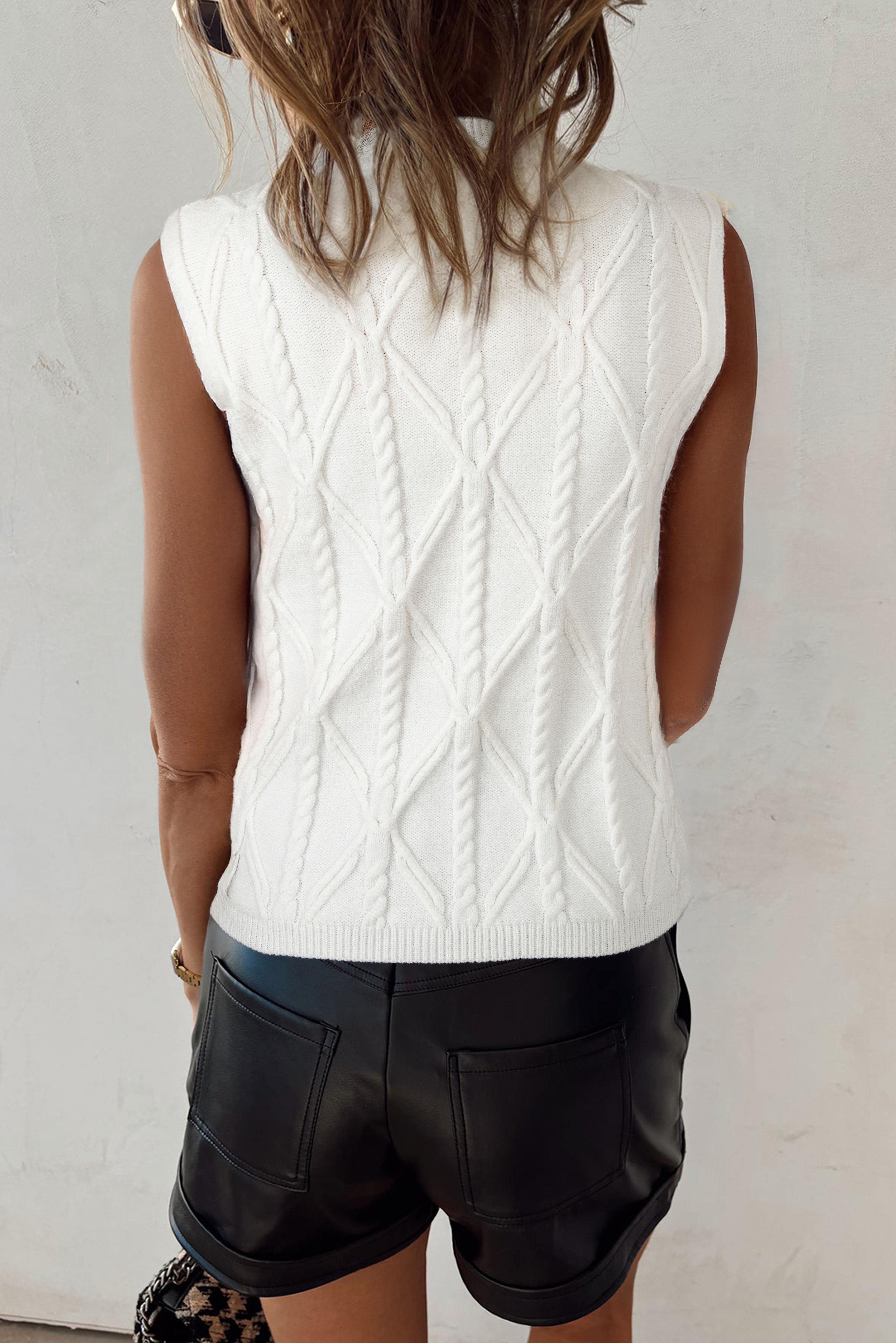 White Pearled High Neck Textured Knit Sweater Vest - loveforevers