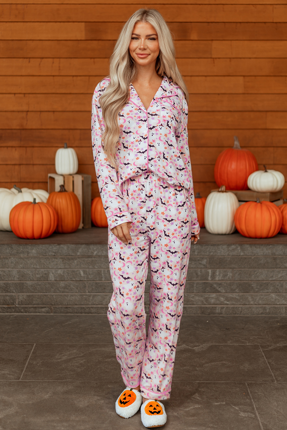 Pink Halloween Eve Haunted Honey Bat Print Pajama Set - loveforevers
