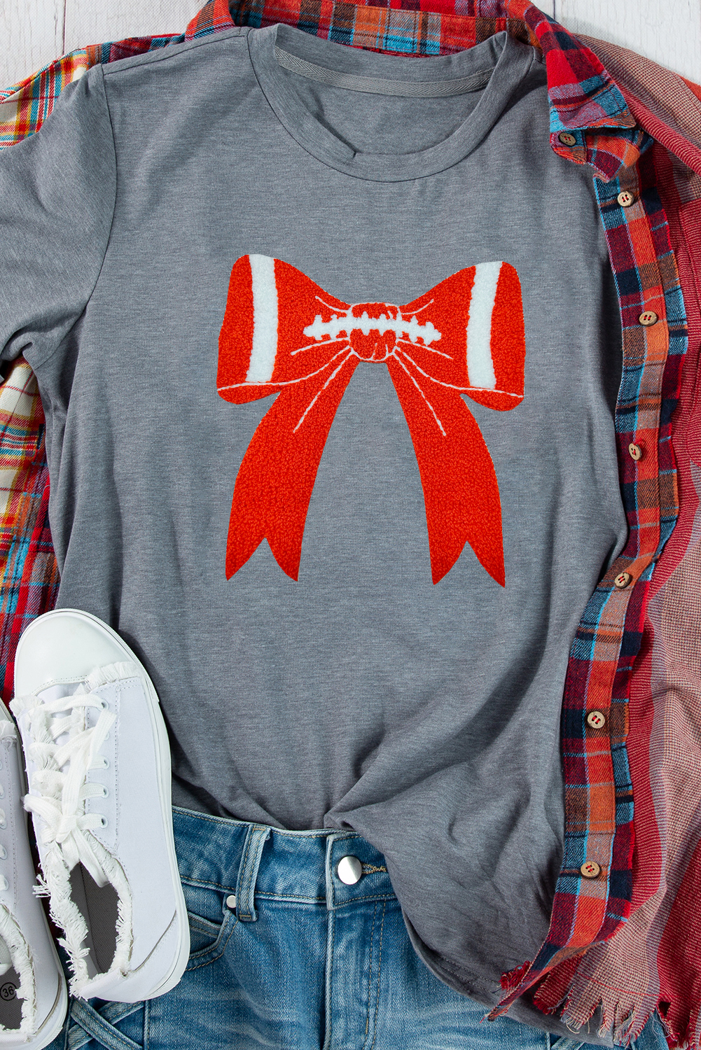 Gray Contrast Bowknot Game Day Graphic Tee - loveforevers